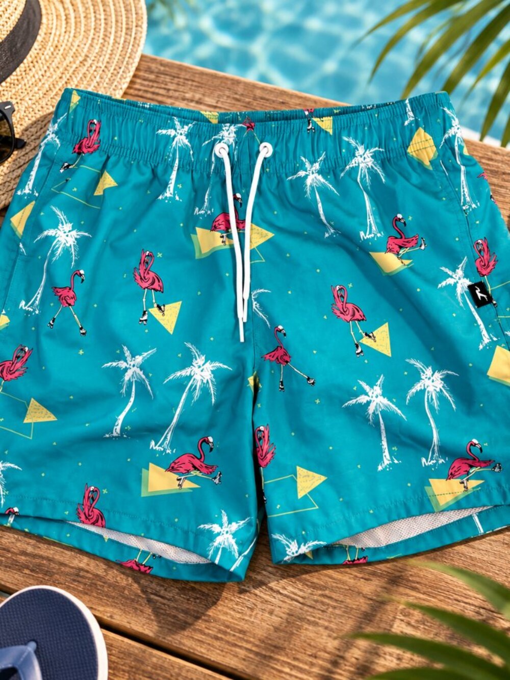 Hollister Men’s Small Swim Trunks Flamingo Roller Skates Tropical Teal Board Sho
